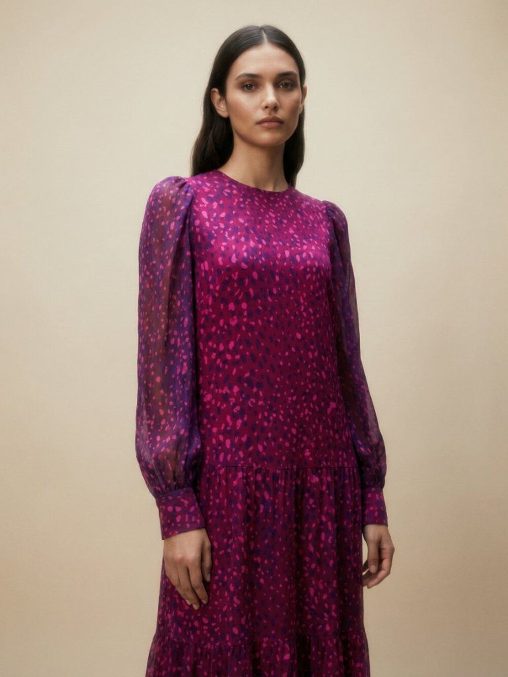 Adriana degreas 100% silk Elegant Magenta Long Sleeve Dress